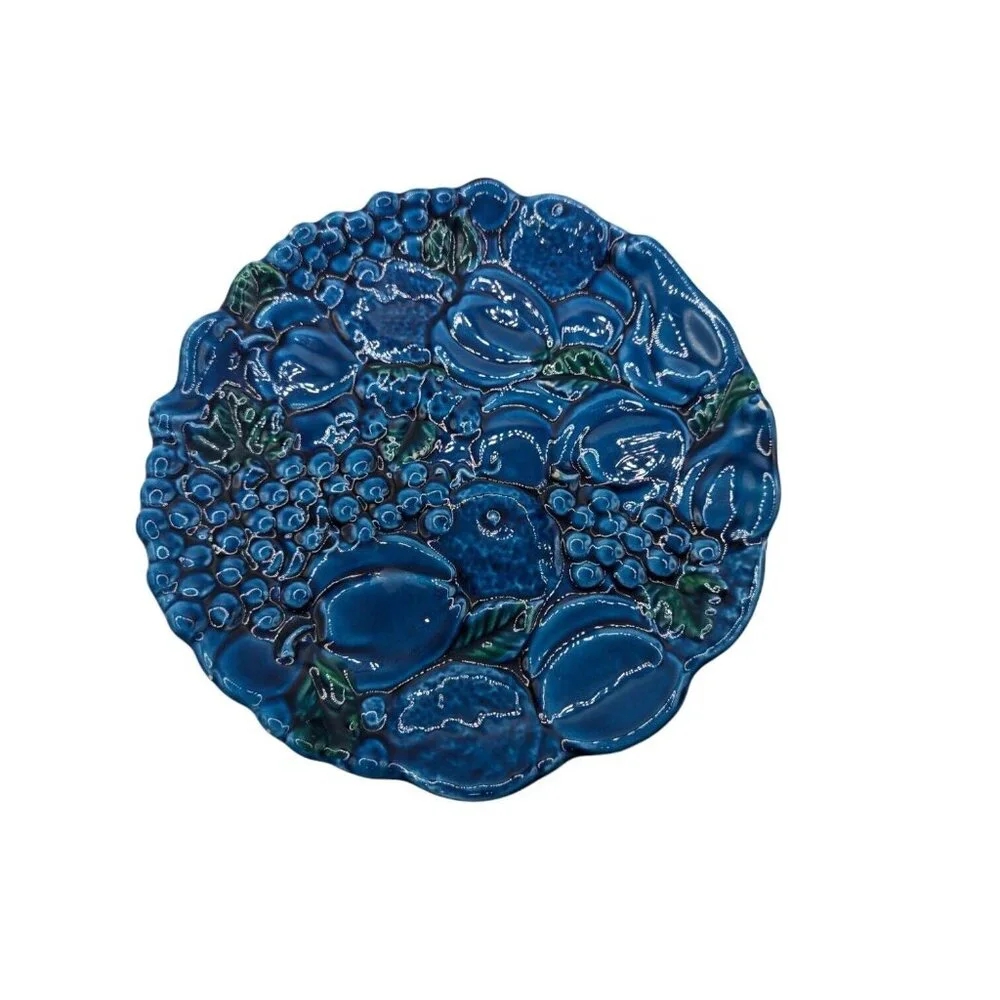 Vintage MCM Inarco Blue Mood Pedestal Cake Plate Dessert Tray Textured Fruit